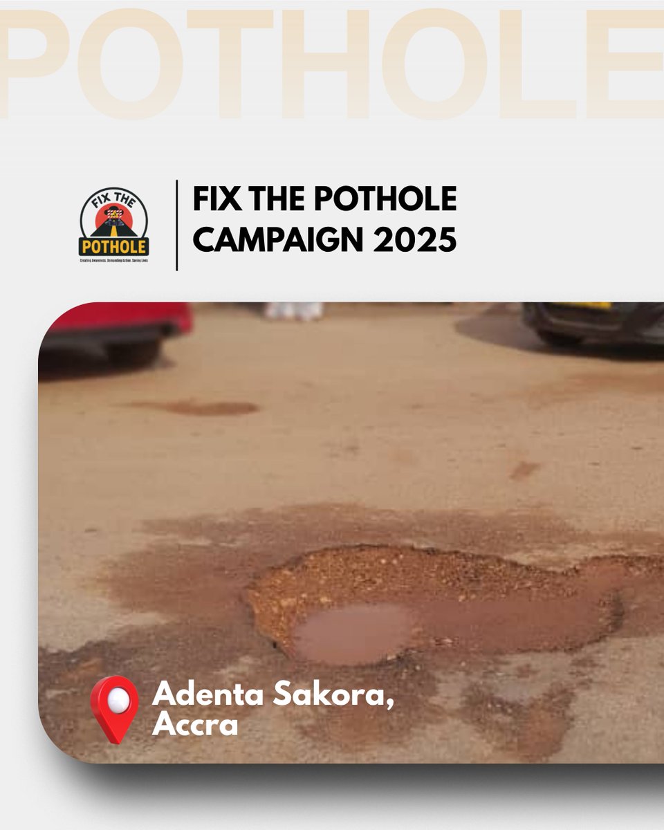 FixThePothole's tweet photo. At a crucial intersection at Number 5, Adenta Sakora,  motorists often bump into potholes. They say the potholes must be fixed. #FixThePotholes https://t.co/o67vrKd3Ed