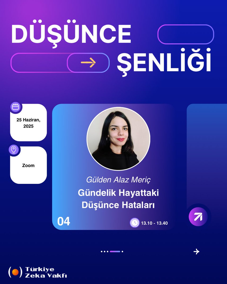 Türkiye Zeka Vakfı olarak düzenlediğimiz Düşünce Şenliği’ne davetlisiniz!🌟
Alanında uzman isimlerle gerçekleştirilecek oturumlar “Zoom” üzerinden yapılacaktır.
📅 25 Haziran 2025, Çarşamba 
#TürkiyeZekaVakfı #DüşünceŞenliği #Zoom #Söyleşi