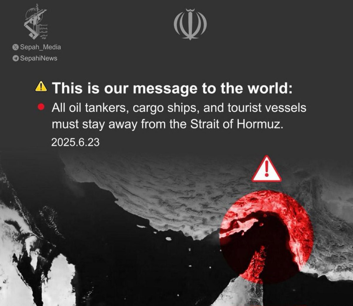 defencecapsule's tweet photo. #BREAKING | Sepah Media, the official media arm of Iran's Islamic Revolutionary Guard Corps (IRGC) announces the closure of Strait of Hormuz. https://t.co/jwdo8uqsNM