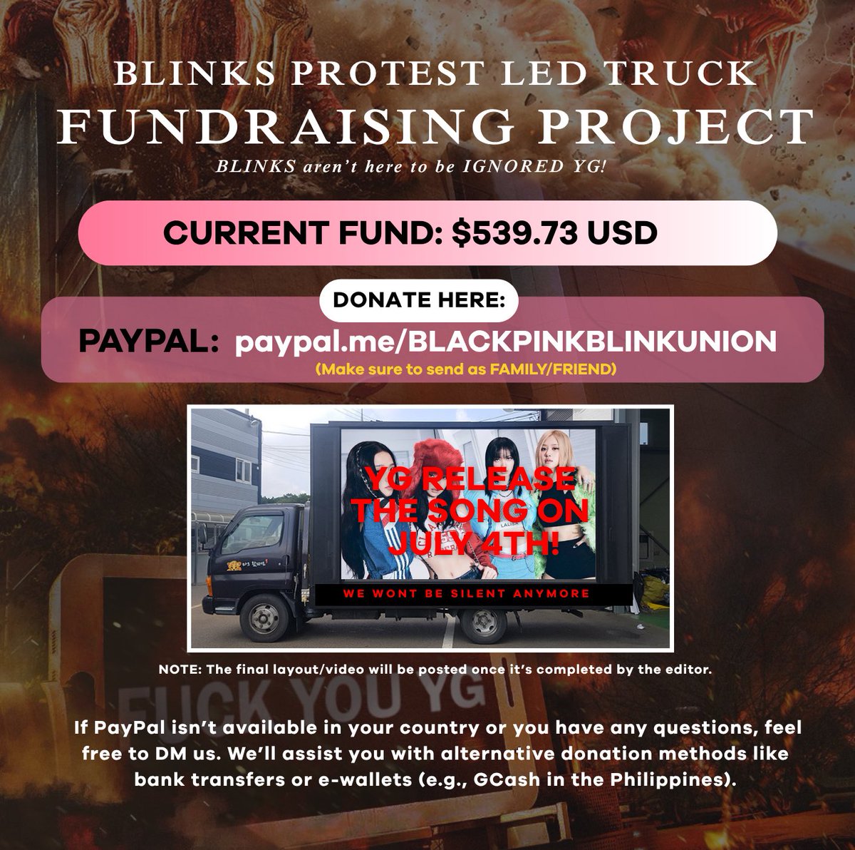 🚨 BLINKS PROTEST LED TRUCK FUNDRAISING PROJECT UPDATE:

CURRENT FUND: $539.73 USD collected from BLINKs!

🚛 1st Truck (1 ton):
✅ 1 day – 600,000 KRW / $433.92 USD
• 2 days – 1,200,000 KRW / $867.84 USD

🚚 2nd Truck (3.5 tons): (TARGET)
• 1 day – 800,000 KRW / $578.56 USD
•