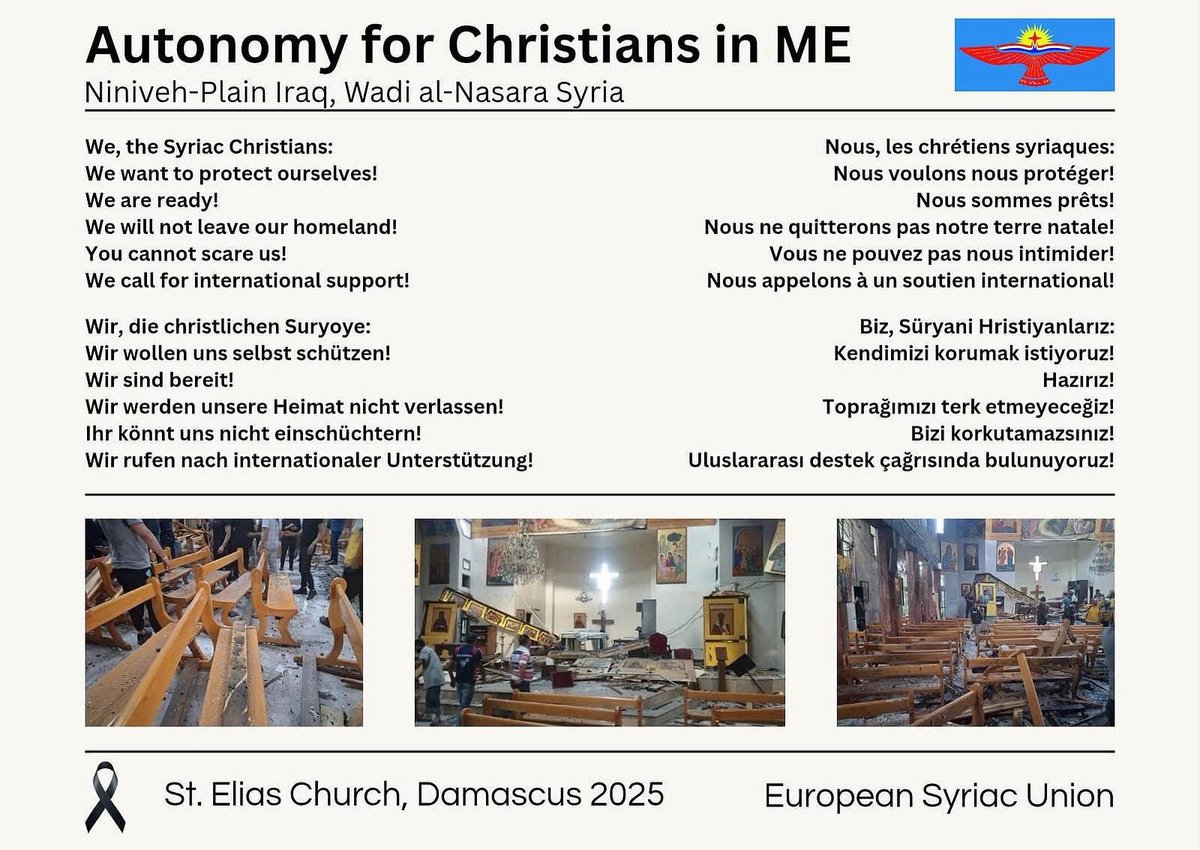 esu_int's tweet image. Angriffe auf unsere Kirchen und Menschen sind Angriffe auf unsere Identität – und auf uns alle. Sie zielen auf einen weiteren Genozid ab.
Wir schweigen aber nicht!

#AutonomyForSyriacs
#WeAreReady
#WeWontLeaveOurLand
#YouCantScareUs
#SupportSyriacPeople