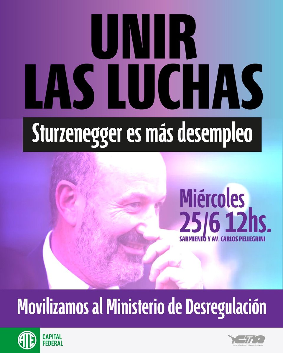 EXIGIMOS LA APERTURA DE LA PARITARIA NACIONAL 

Este miércoles movilizamos al Ministerio de Desregulación, vamos por: 

– Paritarias libres y sin techo.

– Convenio General 214: 62%

📍 Miércoles 25/6 | 12hs. | Sarmiento y Av. Carlos Pellegrini

UNIR LAS LUCHAS ES LA TAREA