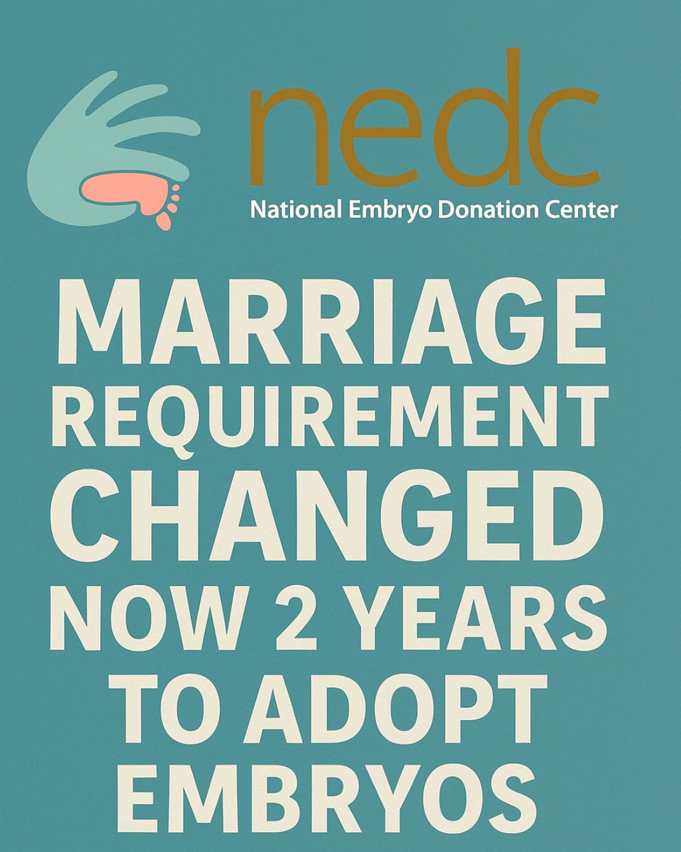 EmbryoDonation's tweet photo. BIG NEWS! The NEDC Board of Directors has lowered the marriage requirement for adopting NEDC embryos to 2 years. 

Check out the link to learn more about embryo adoption with the NEDC. https://t.co/8lSqdvu6Q1 https://t.co/tqUOipqwBs