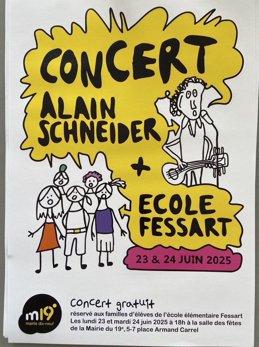 Un joli moment à la Mairie du 19e avec l’école Fessart et le compositeur-interprète de chanson jeunesse Alain Schneider ! Les enfants y ont chanté leurs créations sur le thème de la mer, fruit d’un projet artistique aussi joyeux que poétique. Notre école publique a du talent !
