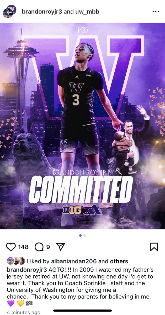 Brandon Roy Jr. has committed to <a href="/UW_MBB/">Washington Men's Basketball</a> . 

The son of the Legendary Brandon Roy #3 will take the final roster spot for the Dawgs. Woof!!

Welcome Brandon Roy Jr.!