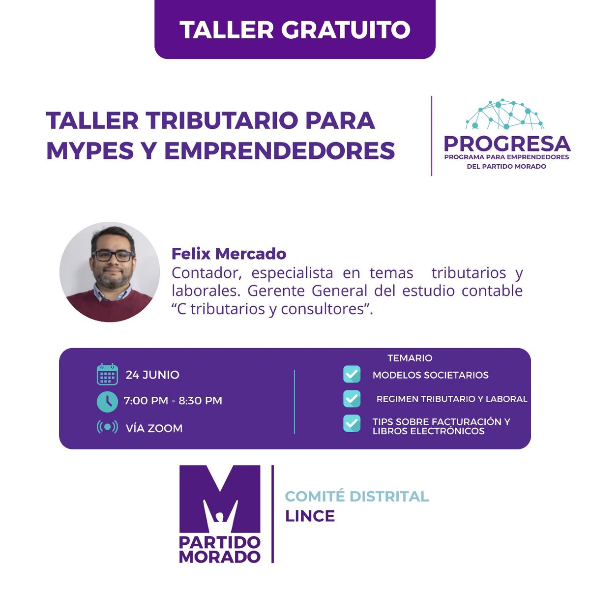 ❗ Atención emprendedores❗
#Mañana participa del 👉𝗧𝗮𝗹𝗹𝗲𝗿 𝘁𝗿𝗶𝗯𝘂𝘁𝗮𝗿𝗶𝗼 𝗽𝗮𝗿𝗮 𝗠𝘆𝗽𝗲𝘀 𝘆 𝗲𝗺𝗽𝗿𝗲𝗻𝗱𝗲𝗱𝗼𝗿𝗲𝘀
Inscríbete en el siguiente  enlace: forms.gle/kU3HMxCerFmKhq…

Impulsando el progreso-Partido Morado.