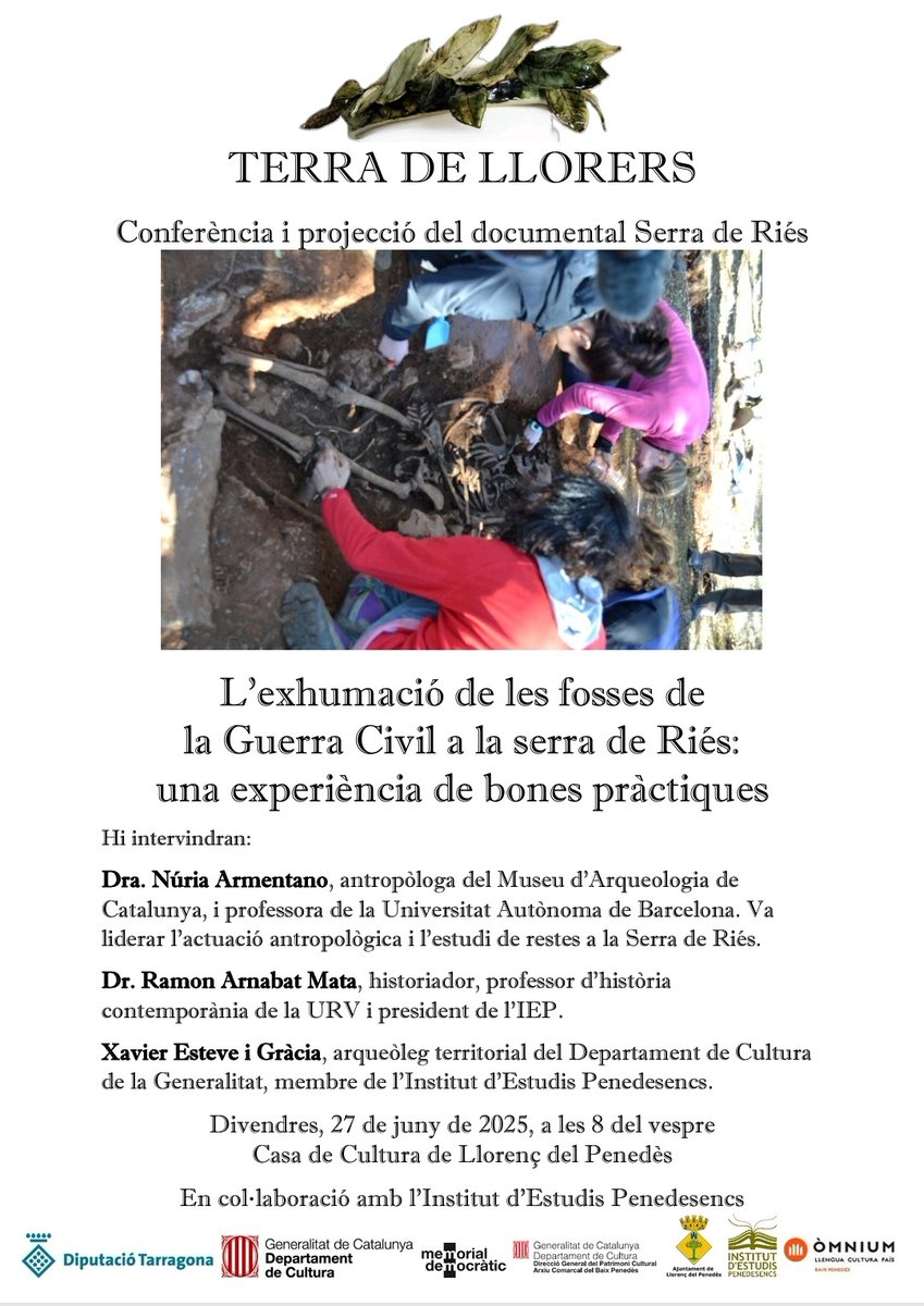 IEPenedesencs's tweet image. Conferència i projecció del documental Serra de Riés: L'exhumació de les fosses de la Guerra Civil, una experiència de bones pràctiques
🗓️ 27 de juny
🕒 20 h
🏫 Casa de Cultura
📌 Llorenç del Penedès
✅Dra. Núria Armentano
✅Dr. Ramon Arnabat Mata
✅Xavier Esteve i Gràcia