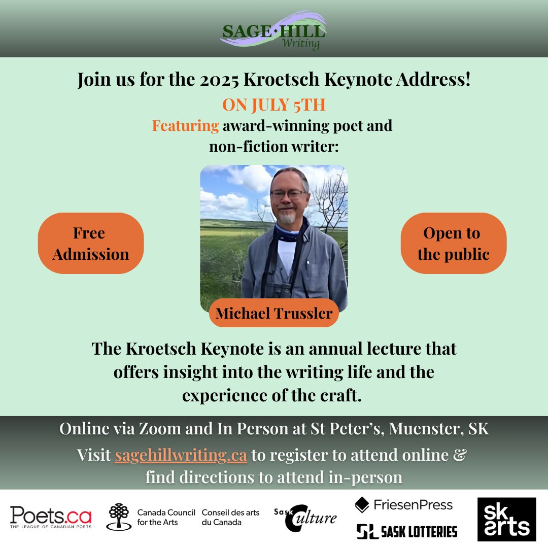 Join us for Sage Hill’s 2025 Summer Reading Series! All events are free and open to the public.

FACULTY READINGS
July 4th @ 8:15 PM CST
Online via Zoom

July 5th @ 2:30 PM CST
Online via Zoom and in-person 

Find the links for Zoom on our website: sagehillwriting.ca