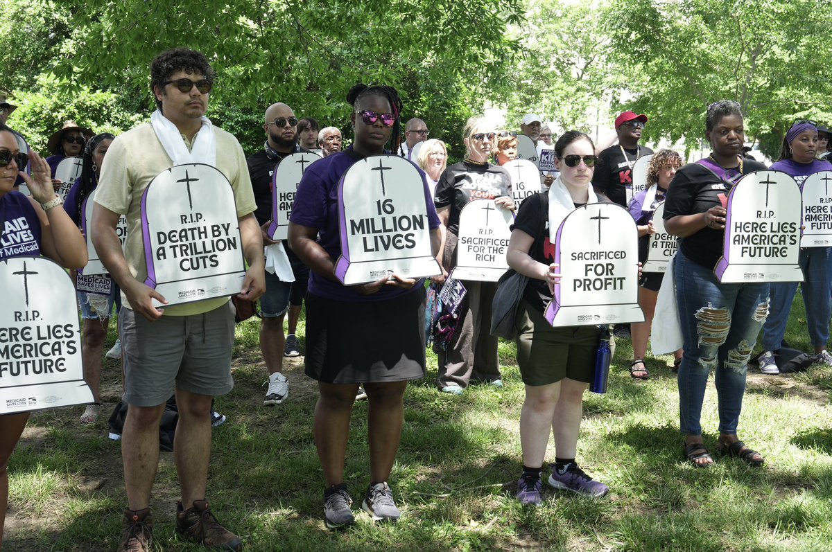 SEIU's tweet photo. Happening now: We’re building a living cemetery because this fight is life or death.
No cuts. No silence. No more lives lost. #HandsOffMedicaid #ThisBillKills https://t.co/uFCUbbgubV