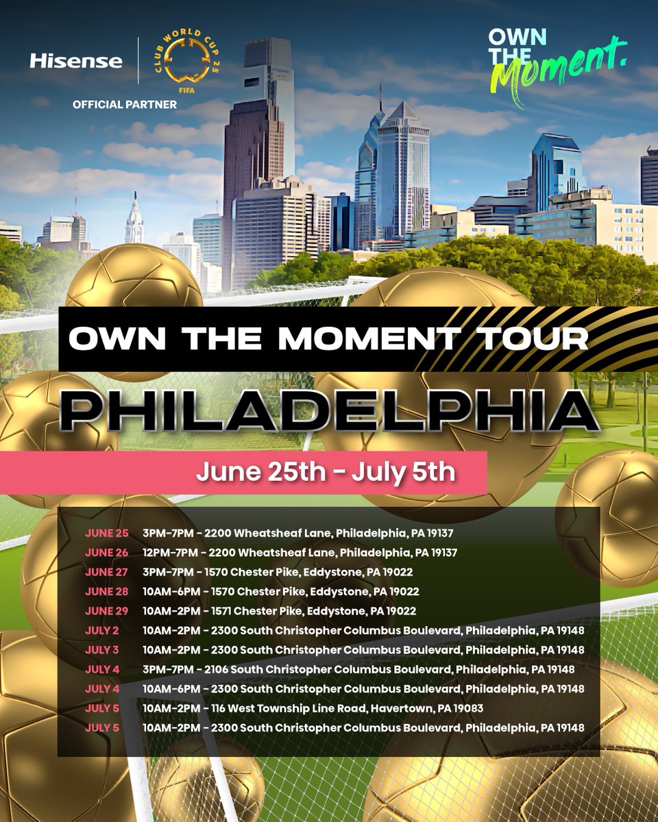 Get ready... Hisense is bringing the heat to Philly! 🔥⚽

The Fan Zone experience is one you won’t want to miss.
Let’s Own the Moment together.

#Hisense #OfficialPartner #OwnTheMoment #FIFAClubWorldCup2025 #FanZone