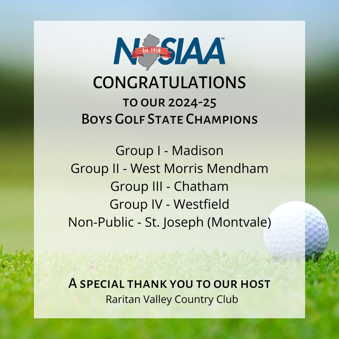 NJSIAA's tweet image. NJSIAA congratulates our 2024-25 Golf State Champions! We also want to thank our generous hosts for their hospitality hosting the NJSIAA Golf State Tournament.