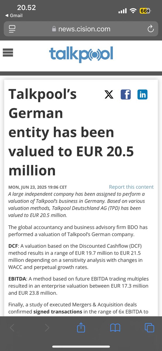 Oh my! Talkpool just released a press release revealing that BDO has valued its German subsidiary at EUR 20.5 million. That’s nearly three times the current market capitalization of the entire company, which stands at just EUR 7 million. It’ll be very interesting to see how the