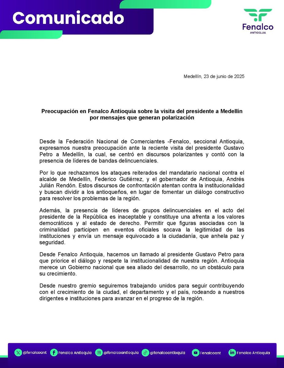 Manifestamos nuestra preocupación por mensajes que generan polarización durante la visita del presidente de la República a Medellín.

Comunicado oficial ⬇️