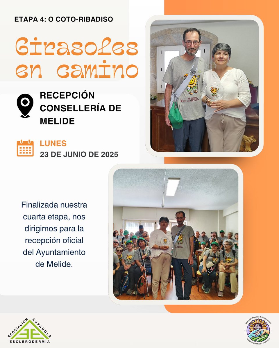 AEEsclerodermia's tweet photo. 🌻Tras una 4ª etapa llena de lugares emblemáticos, #GirasolesEnCamino tuvo una emotiva recepción en el @Concello_Melide, junto a su concejala Ana Mosteiro. 

Fue una jornada de gratitud compartida. 
¡Gracias por dar visibilidad a  la #esclerodermia.
#Verloinvisible https://t.co/myYrpaHbkd