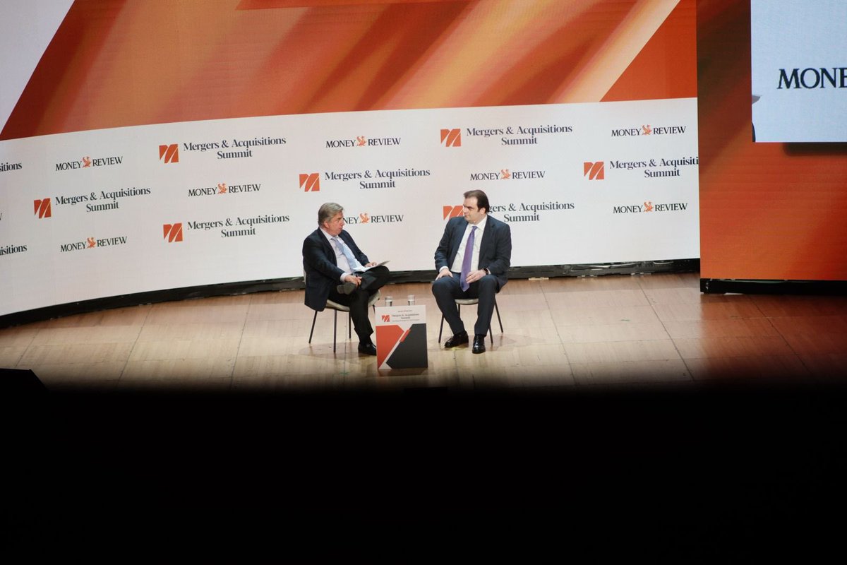 Pierrakakis's tweet photo. Στο Mergers & Acquisitions Summit #MASummit του @Money_Review_ είχα τη χαρά να συζητήσω με τον Ηλία Μπέλλο για τις τελευταίες εξελίξεις στην ελληνική οικονομία και τη στρατηγική σημασία του προγράμματος Non Dom – μιας πραγματικής ιστορίας επιτυχίας με μετρήσιμο αντίκτυπο. https://t.co/VmVTZe1mpV