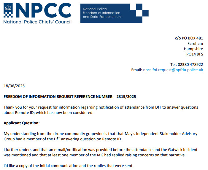UAVHive's tweet image. FOIA has revealed an e-mail sent by the DfT (Sofia of Future Flight) to the NPCC C-UAS IAG that shows that the #Gatwick #drone is still being used to justify millions of £s being spaffed.

It also shows @UKDroneClub flagged concerns on the misuse of the narrative. 1/x