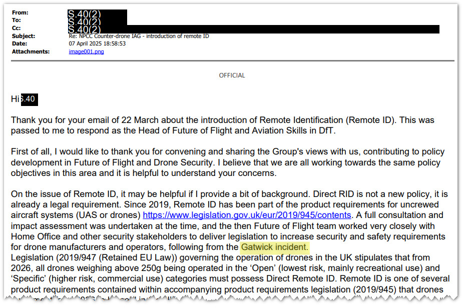 UAVHive's tweet image. FOIA has revealed an e-mail sent by the DfT (Sofia of Future Flight) to the NPCC C-UAS IAG that shows that the #Gatwick #drone is still being used to justify millions of £s being spaffed.

It also shows @UKDroneClub flagged concerns on the misuse of the narrative. 1/x