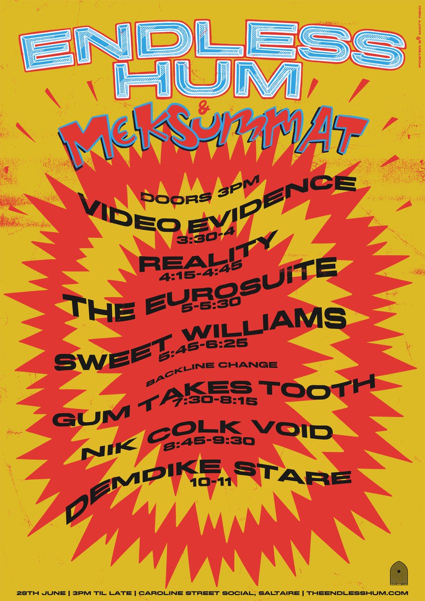 Stage times for this Saturday at the Caroline street, saltaire.

Tickets: ticketsource.co.uk/meksummat/endl…