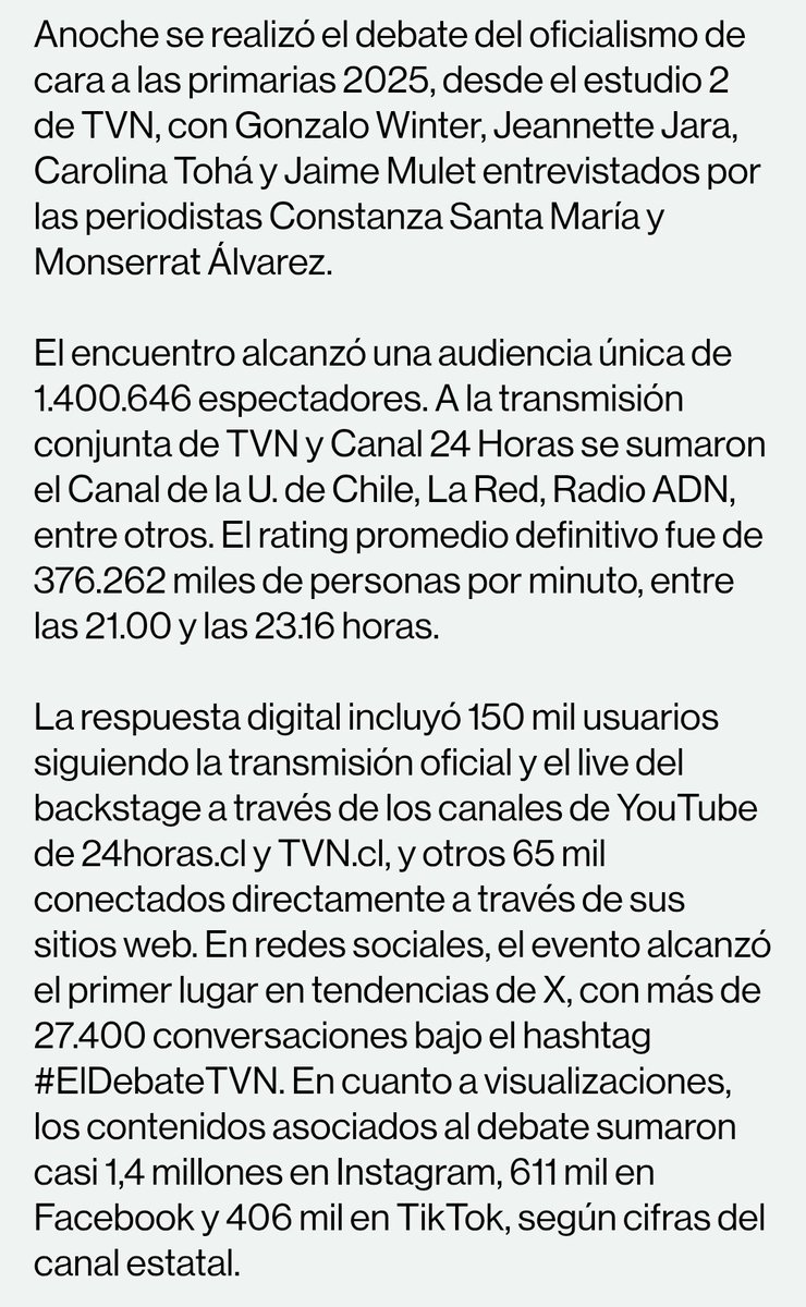 Más de 1.4 millones de espectadores vieron el debate en TVN el domingo pasado, el debate presidencial entre Boric y Jadue tuvo un peak de 34 puntos, aproximadamente  2,4 millones de espectadores.
La "buena onda" no eleva el rating en televisión y tampoco asegura un flujo
