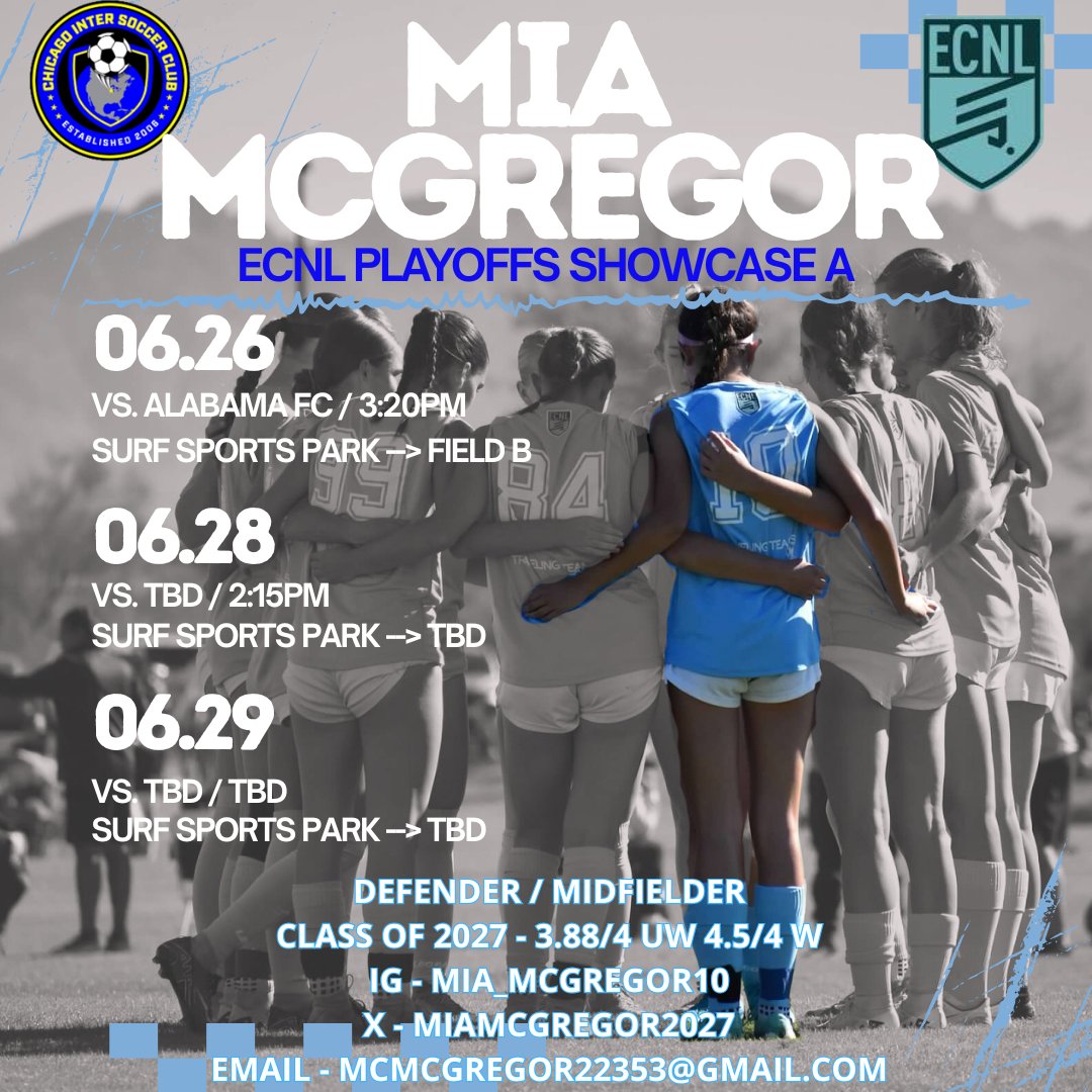 Mia Mcgregor 2027 (@miamcgregor2027) on Twitter photo Super excited to be going to ECNL Playoffs in San Diego to participate in U16 Showcase Cup A! <a href="/chiINTER/">Chicago Inter SC</a> <a href="/Chiinter09ECNL/">Chicago Inter 09 ECNL</a> <a href="/ECNLgirls/">ECNL Girls</a> <a href="/TheSoccerWire/">SoccerWire</a> <a href="/PrepSoccer/">Prep Soccer ⚽️</a> <a href="/TopDrawerSoccer/">TopDrawerSoccer</a> <a href="/ImYouthSoccer/">ECNL/GA/Recruiting/College Soccer</a> Super excited to be going to ECNL Playoffs in San Diego to participate in U16 Showcase Cup A! <a href="/chiINTER/">Chicago Inter SC</a> <a href="/Chiinter09ECNL/">Chicago Inter 09 ECNL</a> <a href="/ECNLgirls/">ECNL Girls</a> <a href="/TheSoccerWire/">SoccerWire</a> <a href="/PrepSoccer/">Prep Soccer ⚽️</a> <a href="/TopDrawerSoccer/">TopDrawerSoccer</a> <a href="/ImYouthSoccer/">ECNL/GA/Recruiting/College Soccer</a>