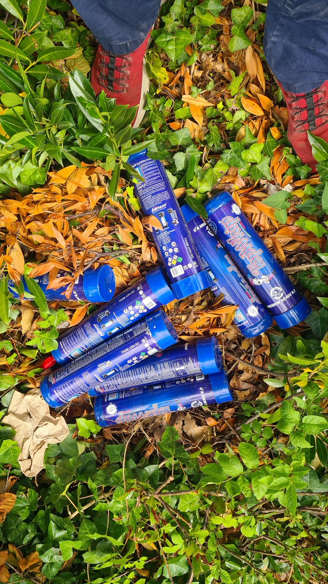 I used to find lots of these laughing gas cylinders when litterpicked. The small ones then these big ones.  But for a long time I've hardly found any compared to other areas. Then today found this pile of 12 in the bushes when shopping at morrisons. Like a blast from the past