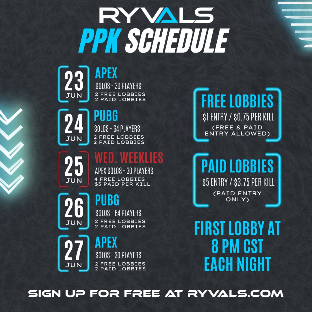 PPK lobbies are live. Enroll now to save a spot.  

New users get 10 free entries on sign up. You get paid cash for every kill and can use the money you earn from free lobbies, to enter in to higher dollar paid lobbies.

Experience PPK today with <a href="/ryvals/">Ryvals</a>