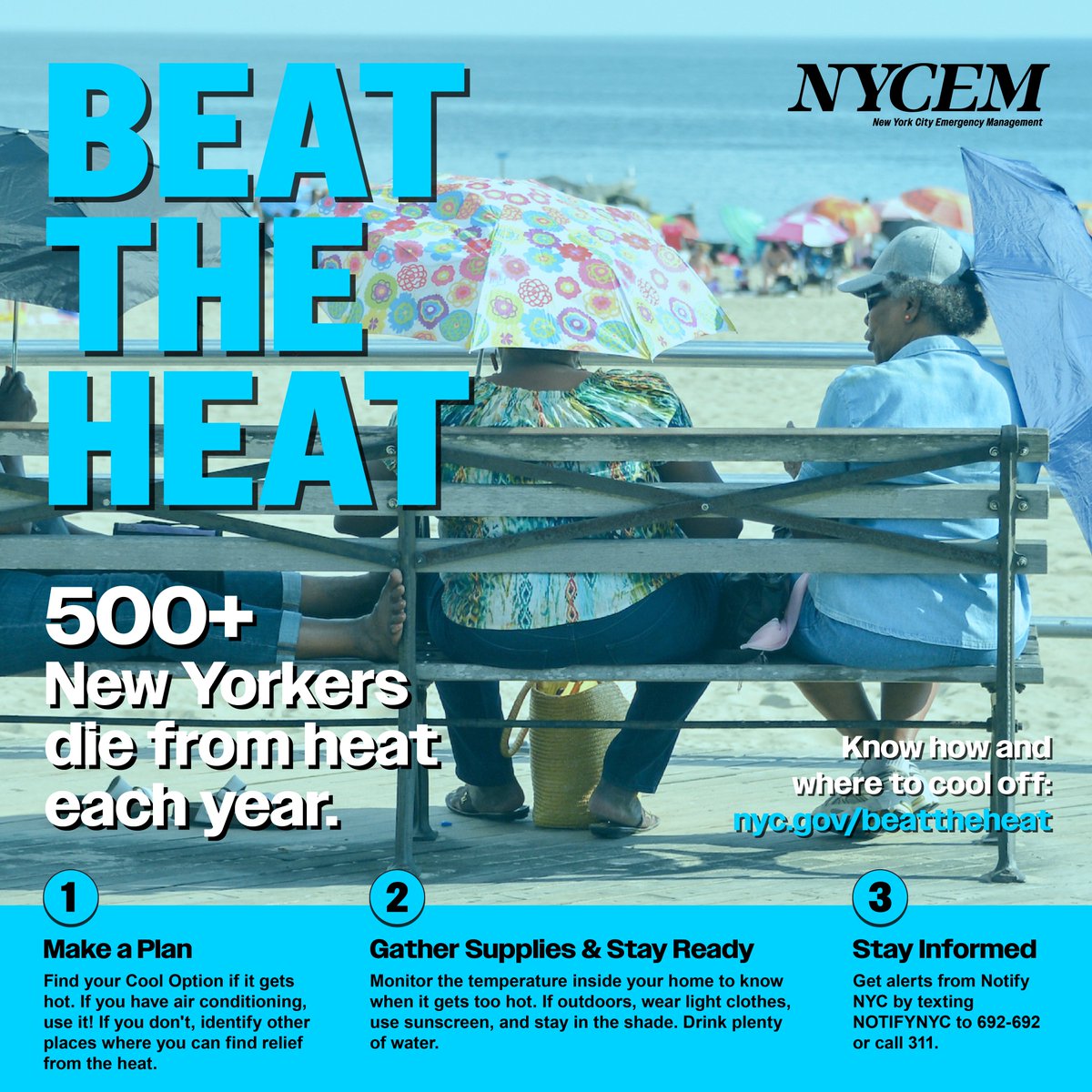 Extreme heat is deadly—but preventable. Most heat deaths in NYC happen indoors without A/C. This summer: 🌞 Share cooling info 🌞 Check on older adults + neighbors 🌞 Hydrate + take breaks outdoors. Find NYC cool options: on.nyc.gov/453WtFW