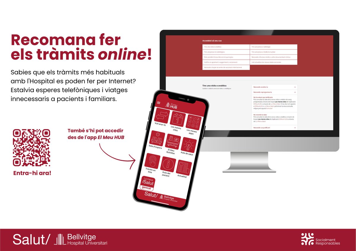 ⁉️ Has d'anul·lar la teva visita o prova? Necessites un justificant de la teva cirurgia? Necessites informes mèdics? Vols fer un agraïment als professionals?
📱 Pots fer-ho sense moure't de casa amb un sol clic! Només has d'accedir a la nova pàgina de tràmits en línia 👉
