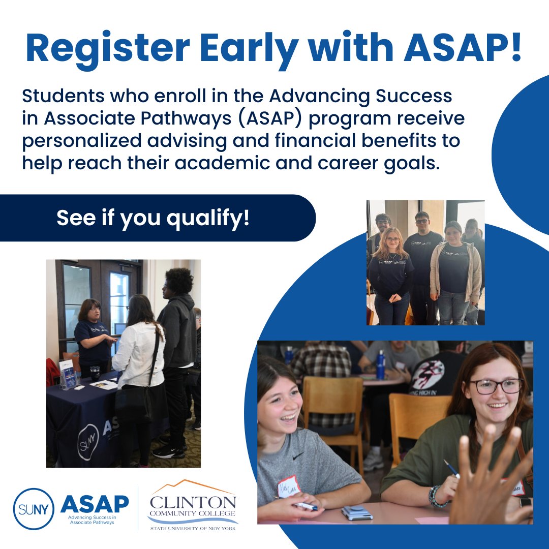 Get a head start—register early with ASAP!

The Advancing Success in Associate Pathways (ASAP) program offers one-on-one advising and financial support to help you reach your academic and career goals.

Find out if you qualify: clinton.edu/student-resour…
