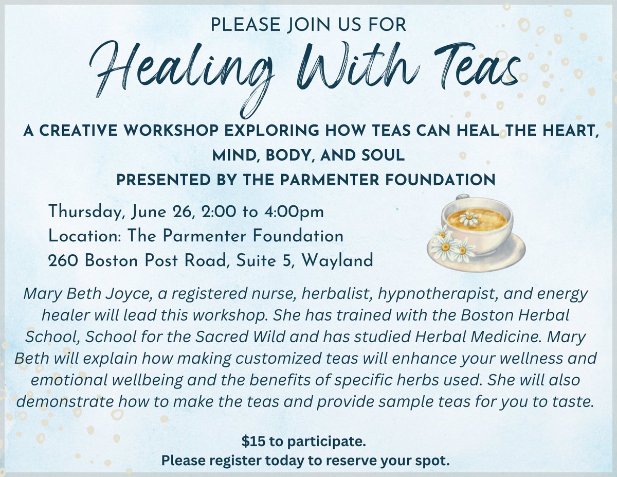 We still have a few spots left for our event this Thursday. Don’t miss this special workshop to learn about healing teas and make new connections. Register today!
secure.qgiv.com/for/workshop/e…

#TheParmenterFoundation #Healing #Grief #Tea #MetroWest #Events #Community