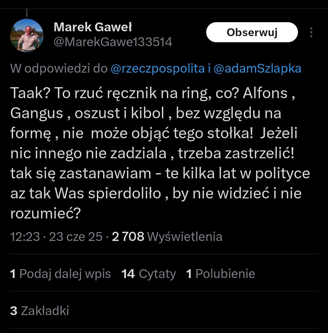Sok z Lewaka (@sokzlewaka) on Twitter photo To jest Marek. Marek twierdzi, że trzeba zastrzelić naszego Prezydenta <a href="/NawrockiKn/">Karol Nawrocki</a>. Ciekawe czy Polska Policja i Bodnar będą tak sprawczy jak w przypadku staruszki, która niby to groziła Owsiakowi. Niech wszyscy zobaczą, że Marek jest niebezpieczny. To jest Marek. Marek twierdzi, że trzeba zastrzelić naszego Prezydenta <a href="/NawrockiKn/">Karol Nawrocki</a>. Ciekawe czy Polska Policja i Bodnar będą tak sprawczy jak w przypadku staruszki, która niby to groziła Owsiakowi. Niech wszyscy zobaczą, że Marek jest niebezpieczny.