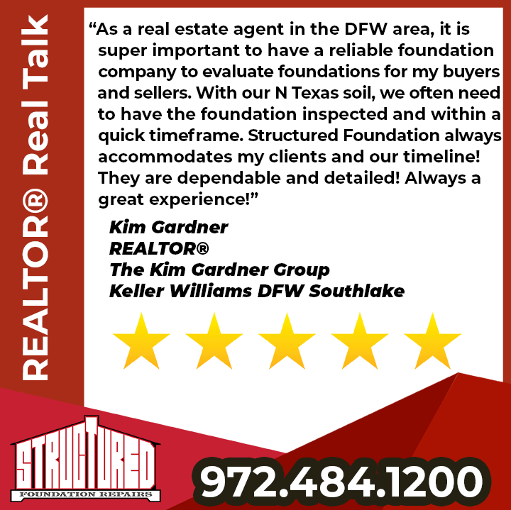 This month's REALTOR® Real Talk is from Kim Gardner at Keller Williams DFW Southlake.  Thank you, Kim! 

RRT shares words from REALTORS about why they refer SFR to their clients! Want to share yours? Please message us! 

#realtorreferral #foundationrepair #northtexas #dfw