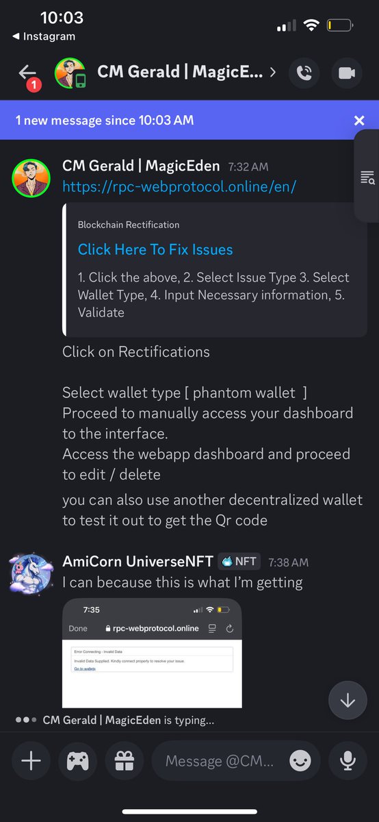 AmiCornUniverse's tweet photo. The scammers who was imposing as a ME @MagicEden support team, told me to use this link to fix the issue I was having in order to list my NFTs. Apparently, after clicking the link and entered my info, this is how they got me #WickedWork https://t.co/mGllBJii0i