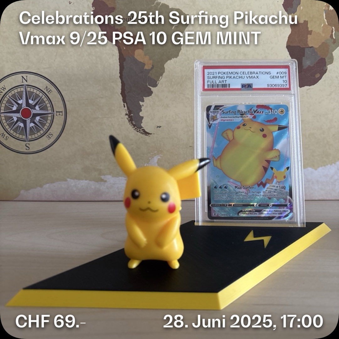 Celebrations 25th Surfing Pikachu Vmax 9/25 PSA 10 GEM MINT
a few of my pokemon cards are for sale on the new swiss platform ⁦<a href="/AuctionShackIO/">Shack Association</a>⁩ 🇨🇭
check them out 🔥 
#auction #psa #pokemon #pikachu #mew