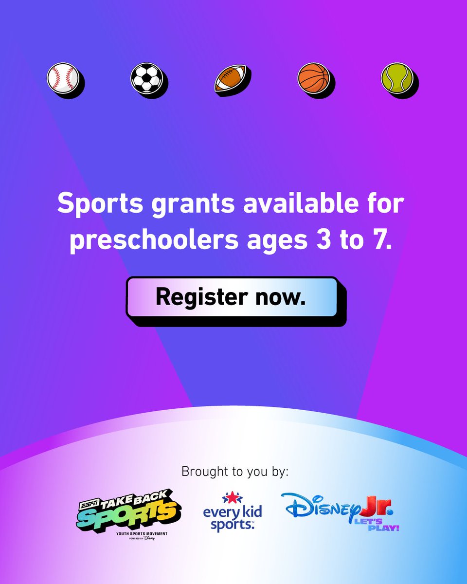 DisneyJr's tweet image. Did you know youth sports can cost families up to $1000 a year per child? That’s why @DisneyJr, @ESPNCitizenship, and @EveryKidSports have teamed up to encourage more preschoolers to get out and play by providing access to sports grants to families. 🏆 Click the link to learn…