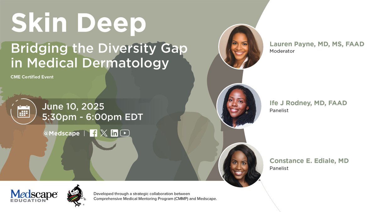 Skin conditions can look very different depending on a person’s skin tone. 

Our expert panel highlight why it’s critical for all dermatologists to be trained in recognizing these variations.

Watch the full live stream 👉 x.com/Medscape/statu…

#CME #Dermatology