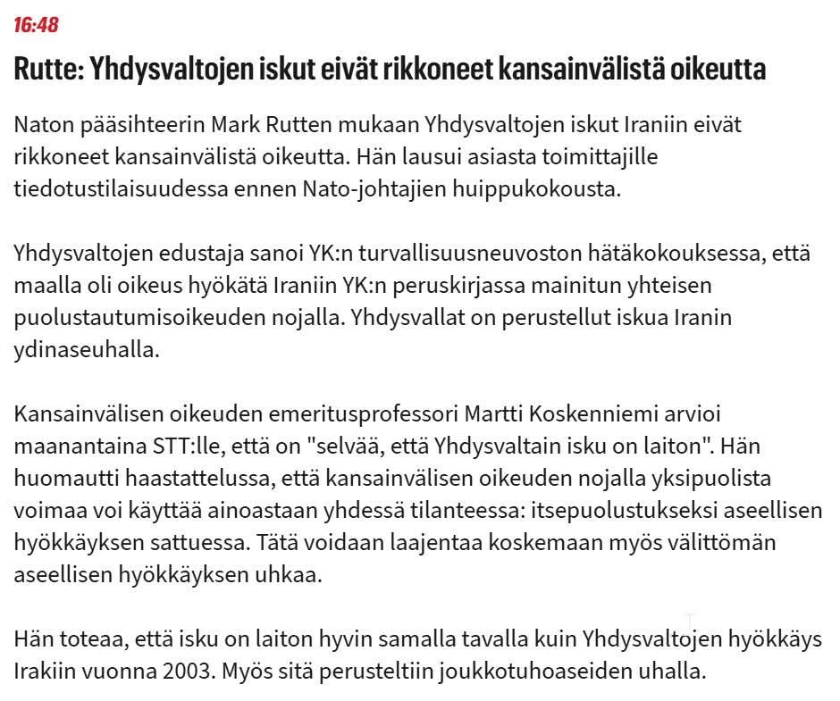 SATUKIRJA VASTAAN LAKIKIRJA 
Tuntuuko teistä koskaan siltä että teille on toisteltu USA:n sääntömääräistä kansainvälistä järjestystä niin kauan että alat jo melkein uskoa siihen? Monelle tämä aivopesu on jo mennyt läpi, kun katsoo Rutten puheita tai Koskenniemen kannanoton