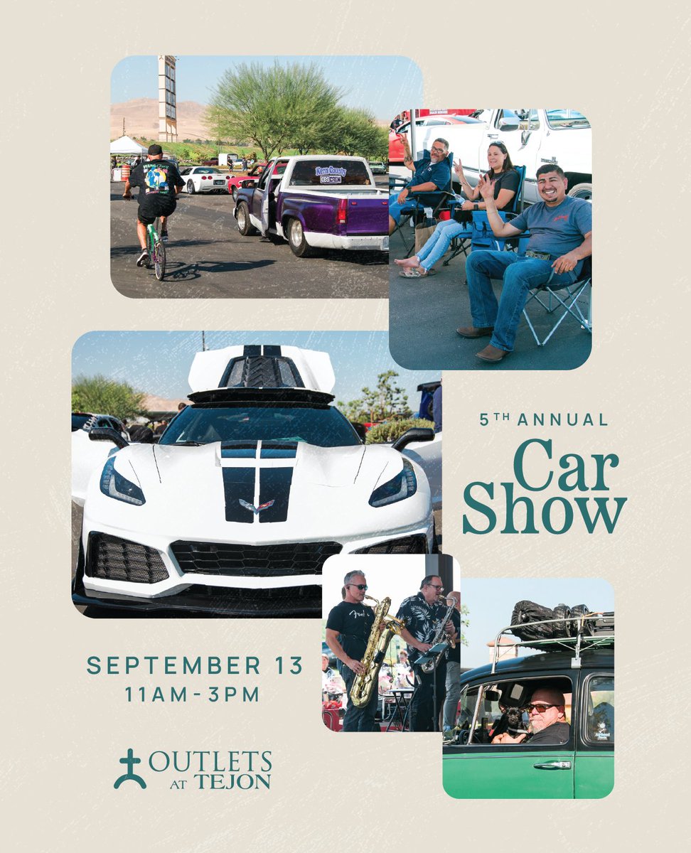 Mark your calendars and join us for the 5th Annual Car Show at the Outlets at Tejon! Enjoy a day filled with beautiful cars, live music, raffle drawings, awards and shopping! 
This event is FREE for spectators.
Want to show a vehicle? Register on Eventbrite now! 
See you there!