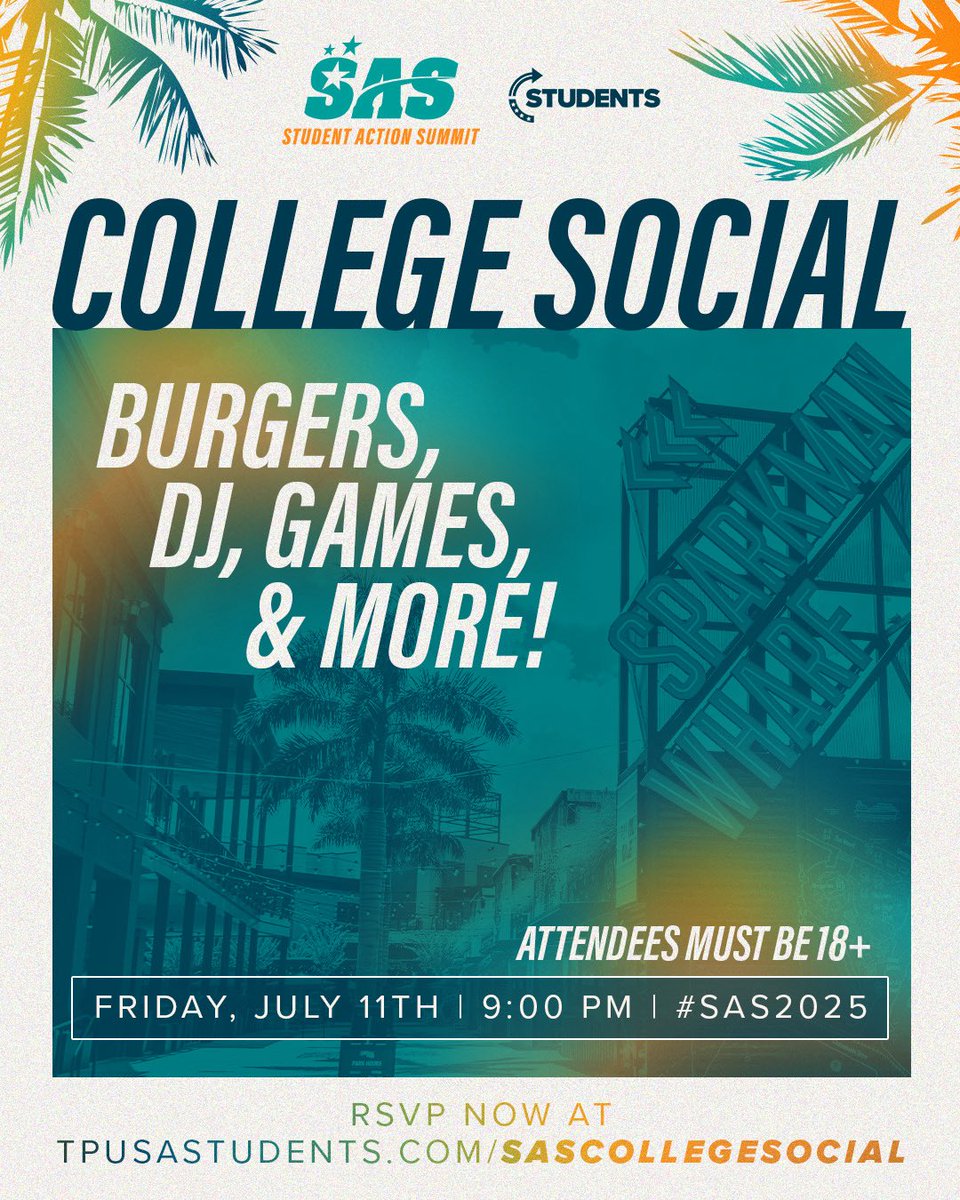 tpusastudents's tweet photo. The College Social at SAS 2025 is almost here! ⭐️

Join us on Friday, July 11th for the BEST time with likeminded students! Don’t miss the opportunity for food, music, games, friendships, &amp; so much more! 🌴

RSVP today at 🔗 https://t.co/2wCsZNlIAF https://t.co/S1Cv0pFggn