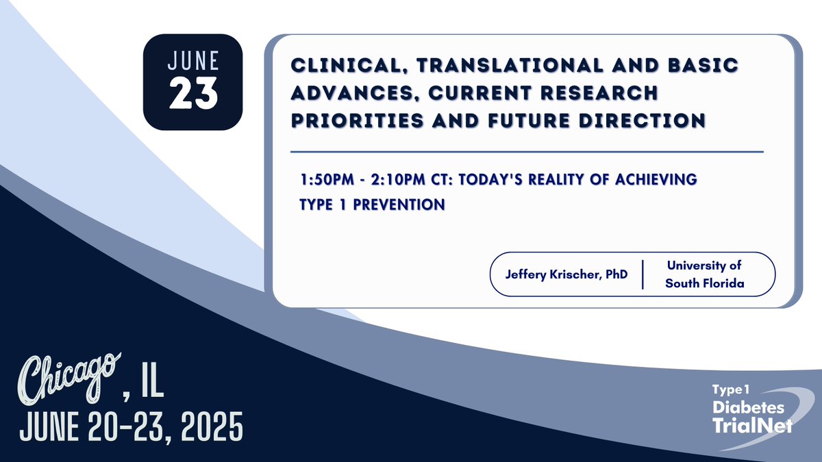 T1D_TrialNet's tweet image. We’re wrapping up #ADA2025 with “Celebrating NIDDK's 75th Anniversary—Clinical, Translational & Basic Advances, Current Research Priorities & Future Direction” where #TrialNet investigator Jeffrey Krischer @USFHealth will present “Today's Reality of Achieving Type 1 Prevention”