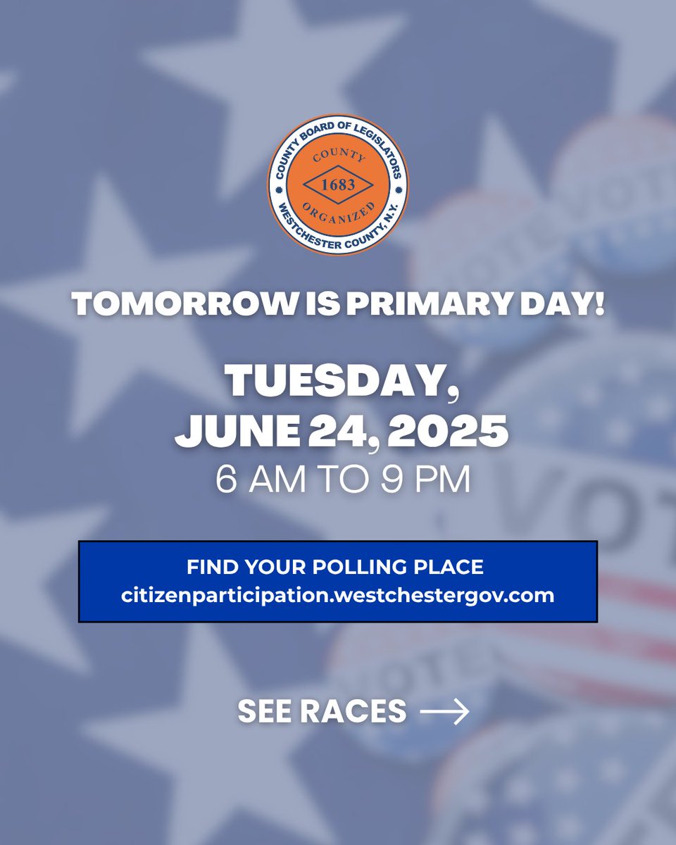 westchesterBOL's tweet image. TOMORROW is Primary Day
Only registered voters in:
Dem – District 5, Hastings, Harrison, Mt Vernon, White Plains, Yonkers
Rep – Harrison, Yonkers
Conservative – Harrison
WFP – Yonkers
Polls: 6 AM–9 PM
Absentee: Postmarked/dropped off by 9 PM
More info: …tizenparticipation.westchestergov.com