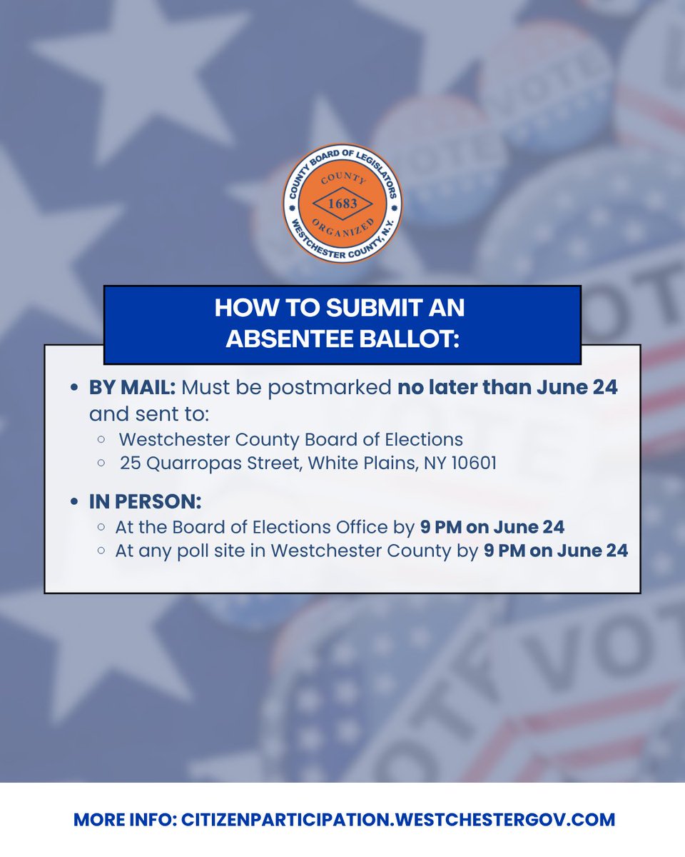 westchesterBOL's tweet image. TOMORROW is Primary Day
Only registered voters in:
Dem – District 5, Hastings, Harrison, Mt Vernon, White Plains, Yonkers
Rep – Harrison, Yonkers
Conservative – Harrison
WFP – Yonkers
Polls: 6 AM–9 PM
Absentee: Postmarked/dropped off by 9 PM
More info: …tizenparticipation.westchestergov.com