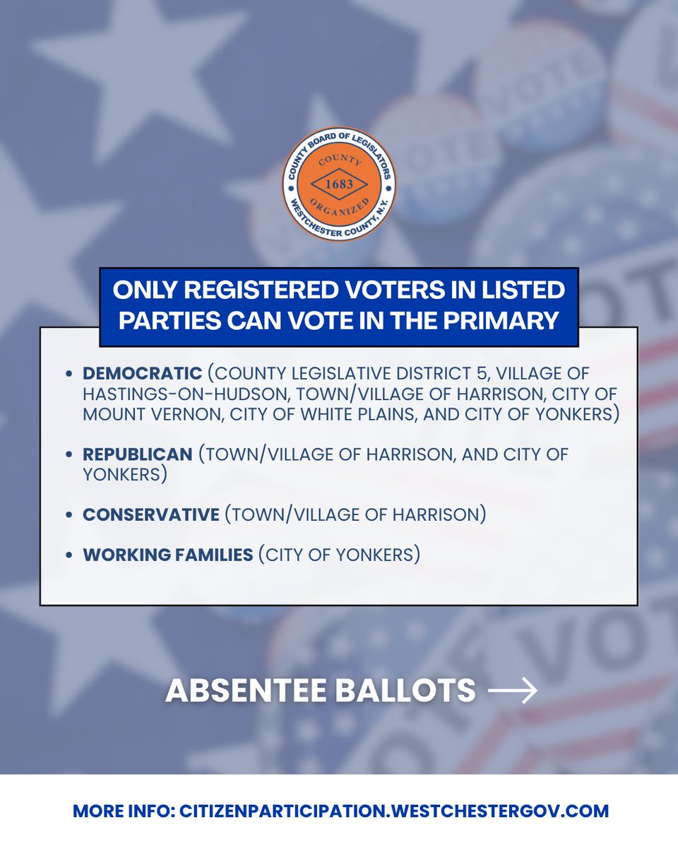 westchesterBOL's tweet image. TOMORROW is Primary Day
Only registered voters in:
Dem – District 5, Hastings, Harrison, Mt Vernon, White Plains, Yonkers
Rep – Harrison, Yonkers
Conservative – Harrison
WFP – Yonkers
Polls: 6 AM–9 PM
Absentee: Postmarked/dropped off by 9 PM
More info: …tizenparticipation.westchestergov.com