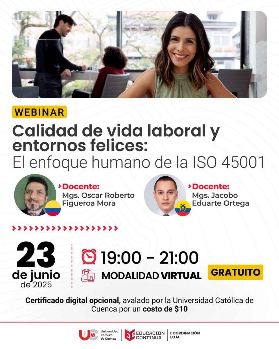 🌟 ¡𝐂𝐚𝐥𝐢𝐝𝐚𝐝 𝐝𝐞 𝐯𝐢𝐝𝐚 𝐥𝐚𝐛𝐨𝐫𝐚𝐥 𝐲 𝐞𝐧𝐭𝐨𝐫𝐧𝐨𝐬 𝐟𝐞𝐥𝐢𝐜𝐞𝐬! 🌿

🔗 Inscripción: bit.ly/webinarISO45001
📜 Certificado opcional $10

#UCatólicaCuenca