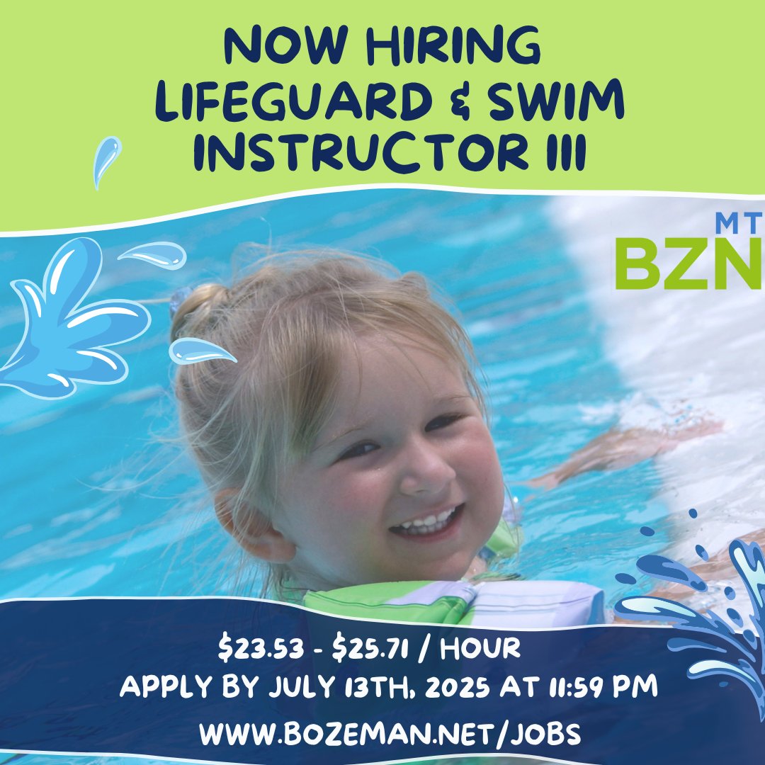 The City of Bozeman Swim Center is now accepting applications for a full-time Lifeguard &amp; Swim Instructor who is detail oriented, a quick thinker, and a team player to perform critical lifeguarding duties. 
💰$23.53 - $25.71/hour DOE
📝 Apply online by July 13th, 2025 @ 11:59pm