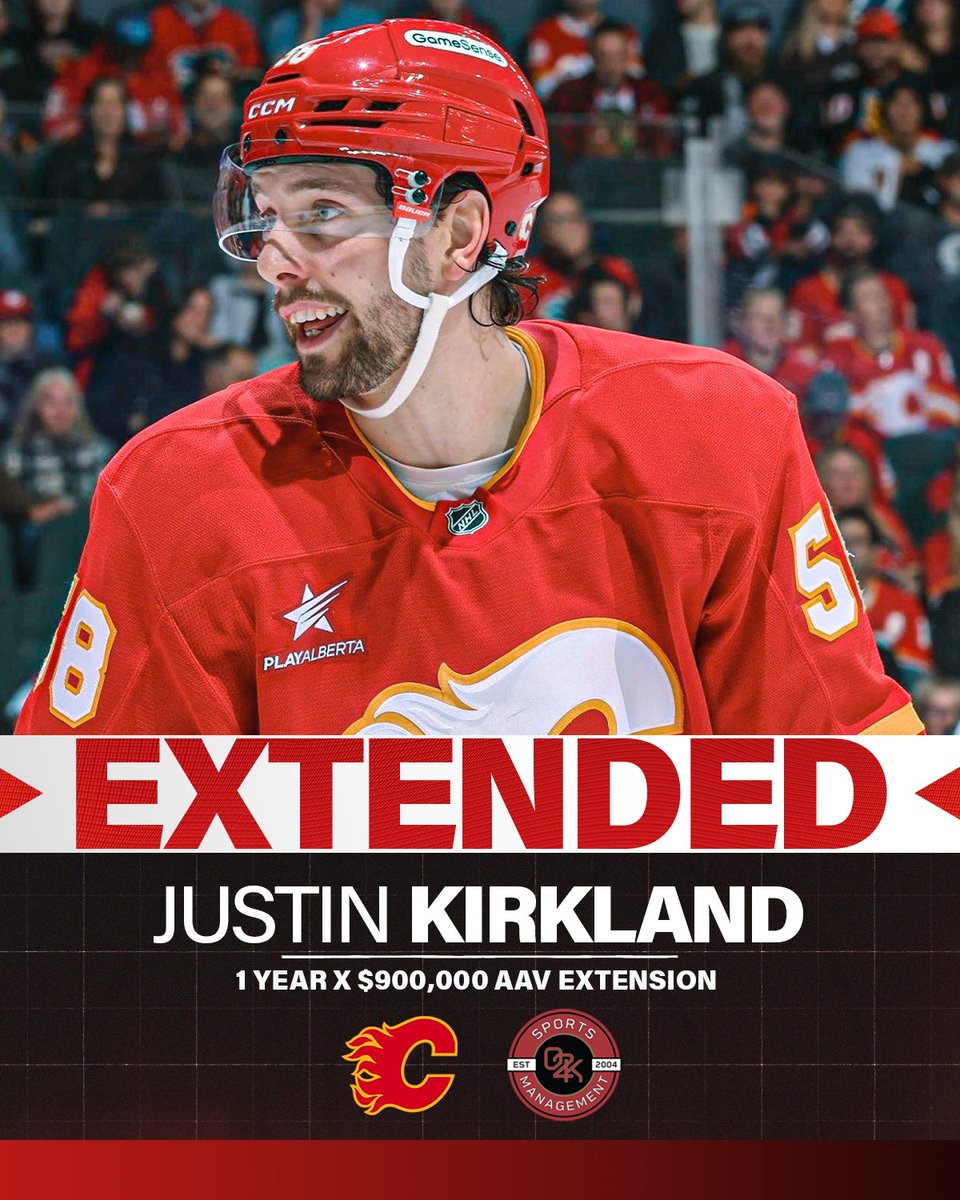 O2K Sports Management (@o2ksports) on Twitter photo A signature deal 🔥 Congratulations to O2K client Justin Kirkland on signing a one-year, 900k AAV contract extension with the <a href="/NHLFlames/">Calgary Flames</a>
#Flames A signature deal 🔥 Congratulations to O2K client Justin Kirkland on signing a one-year, 900k AAV contract extension with the <a href="/NHLFlames/">Calgary Flames</a>
#Flames