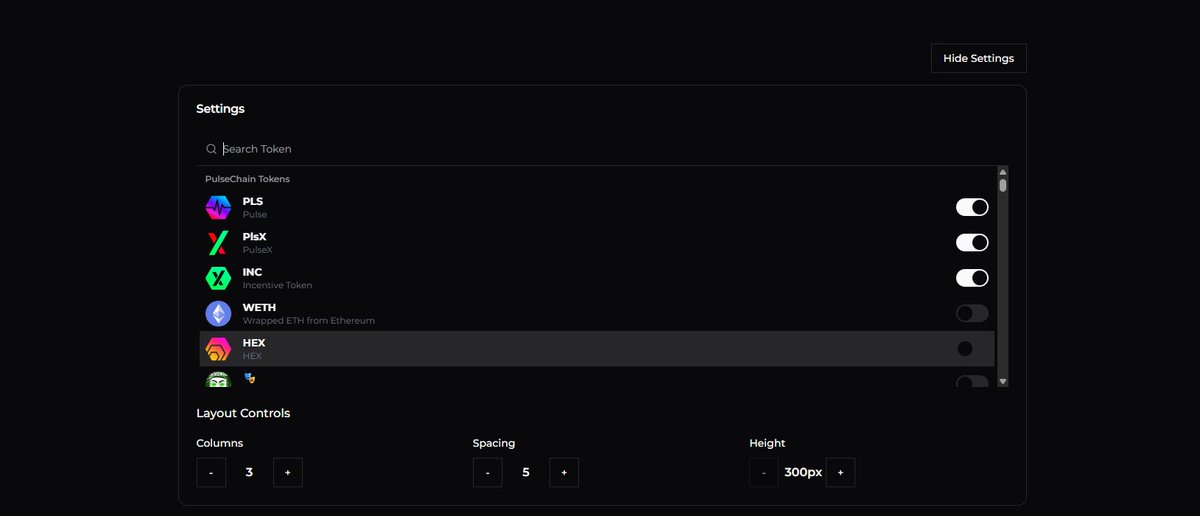 Updated the Multicharts page.

You can now customize the number of columns, the gap and the chart height.

Also, selected tokens are shown first.