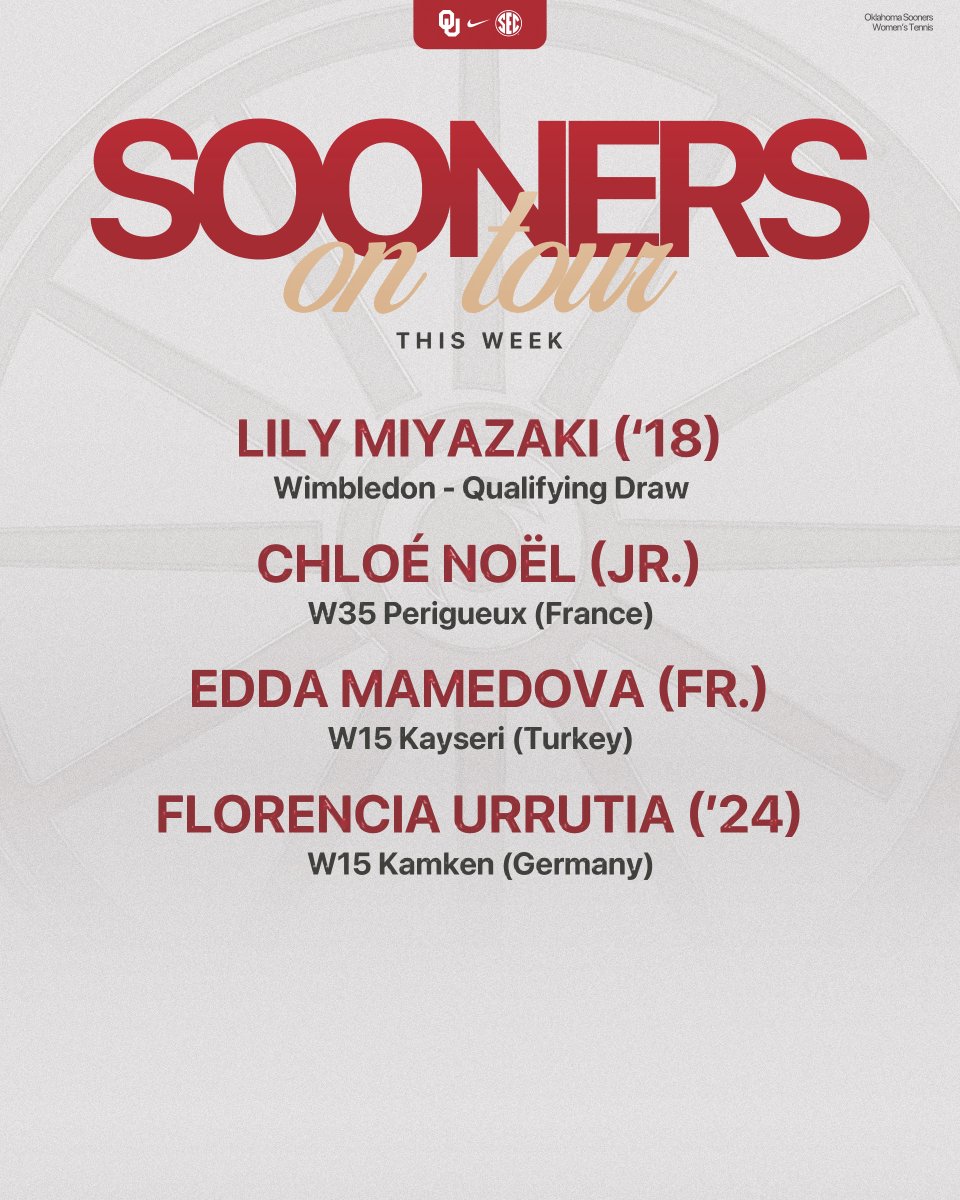 🎾 Sooners on Tour begins! 🎾

All summer long, we’ll be spotlighting our current and former Sooners competing in pro tournaments around the world. Follow the action live on the ITF World Tennis Tour website. 

This week’s lineup ⬇️