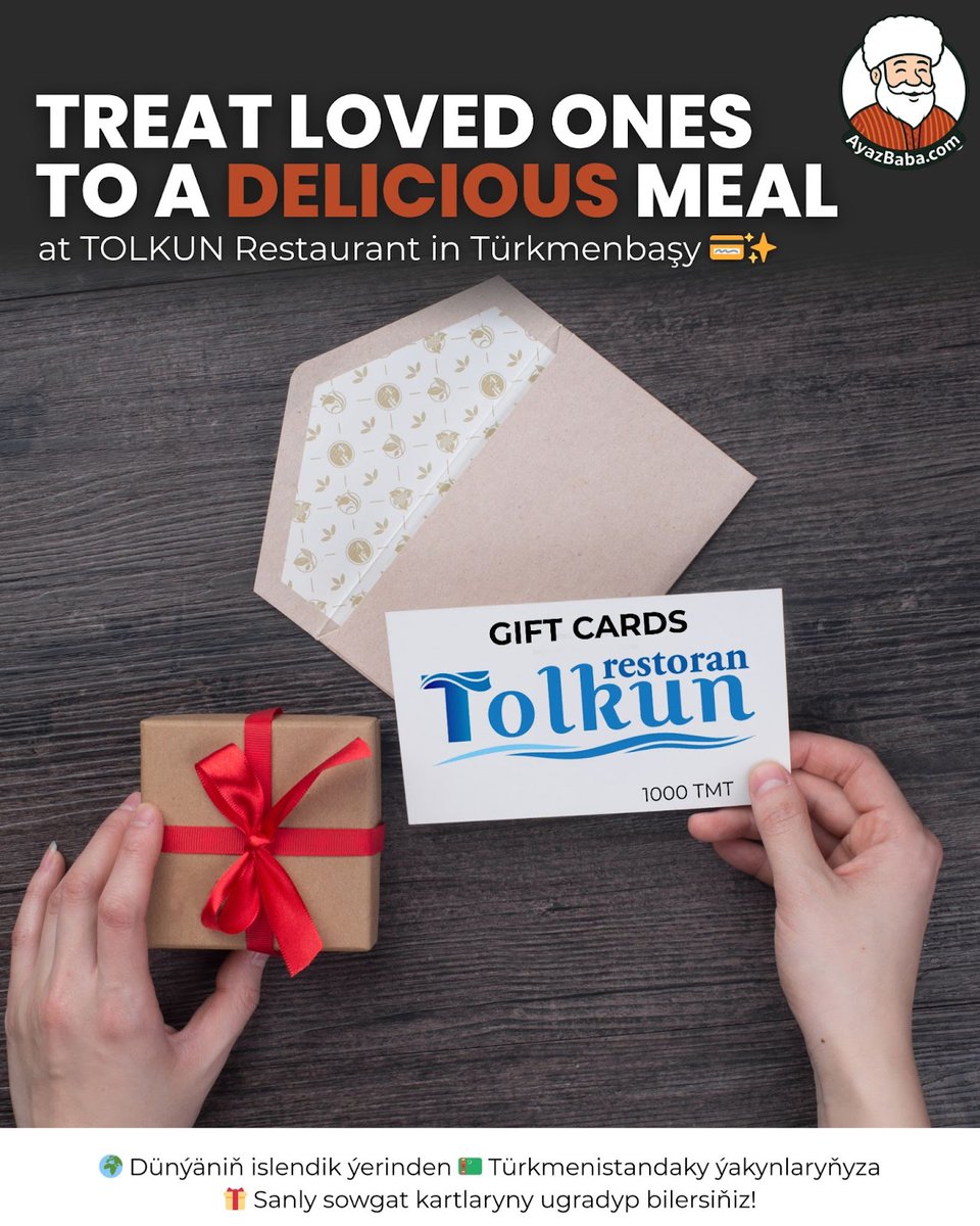 ayazbabacom's tweet image. Skip the money transfers — send a warm gesture instead.
With a gift card to "TOLKUN" RESTORAN, your family or friends in Türkmenbaşy can enjoy a quality dining experience, thanks to you.
.
#AyazBaba #SupportBackHome #GiftCardToTurkmenistan #TOLKUNRestoran #TürkmenbaşySupport