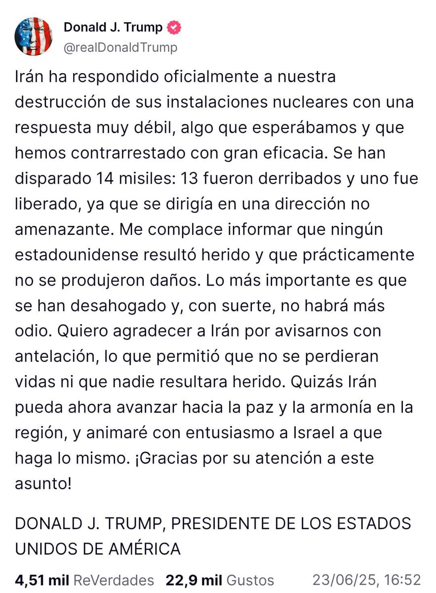 Mientras <a href="/JMilei/">Javier Milei</a> ya estaba saltando como un caniche para ver cómo provocar nuevamente a Irán y decir alguna nueva estupidez afiebrada para complacer a sus amos, el sionismo mesiánico genocida, Trump elogia a los iraníes y les agradece por cumplir con su palabra.
